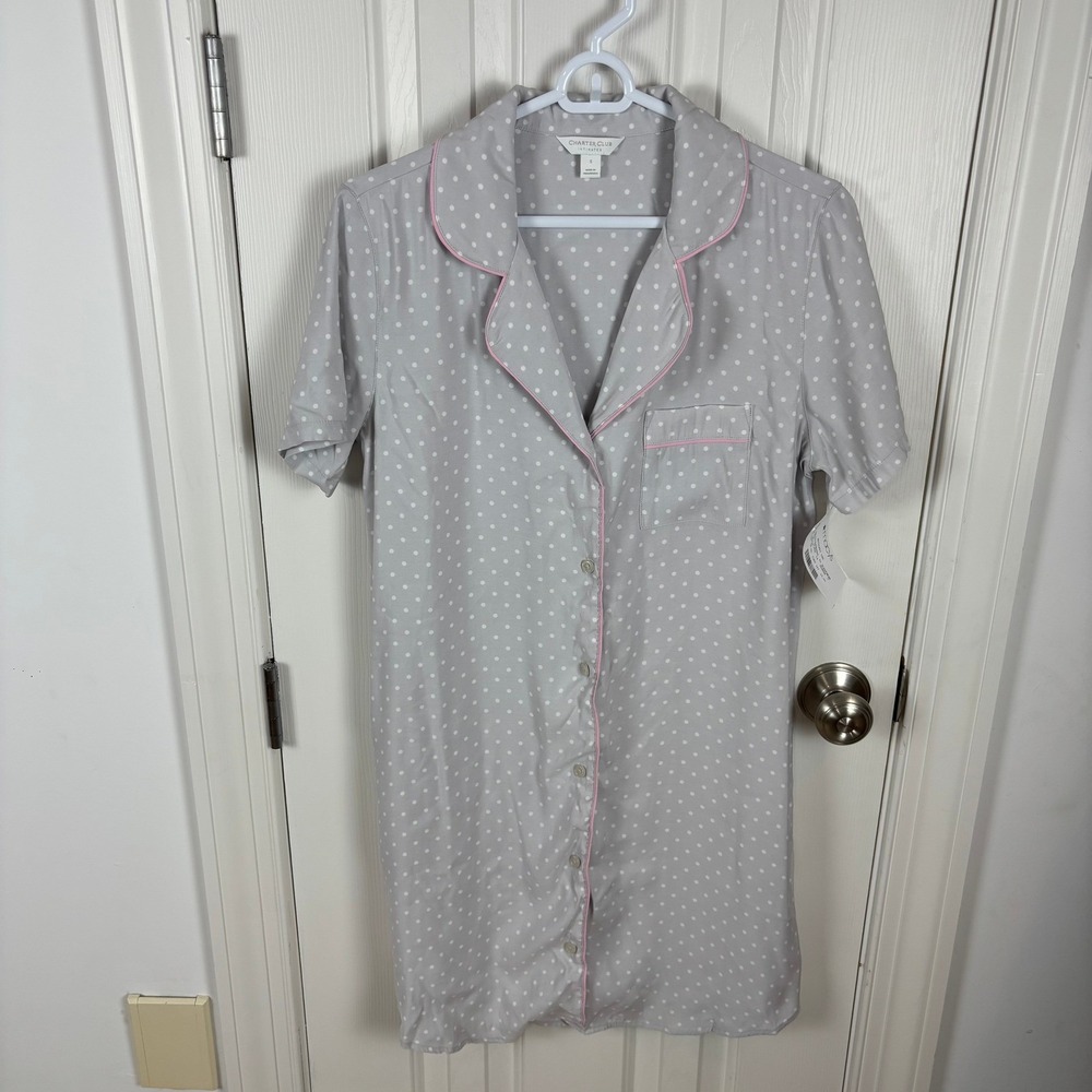 Charter Club Intimates Women's Gray Polka Dot Nightgown‎ Short Sleeve Size S NWT